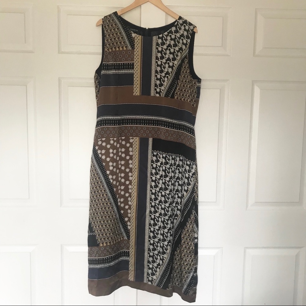 Lafayette 148 New York Sleeveless Patchwork Midi Silk Dress - Brown, Navy, Black - Picture 8 of 8